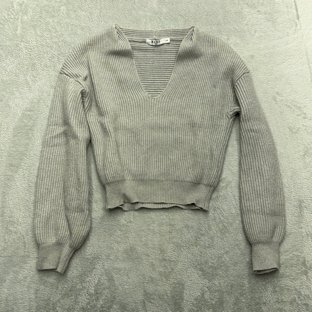 NA-KD Sweater Womens XXS Grey Ribbed Knit V-Neck Balloon Sleeve Cropped Pullover